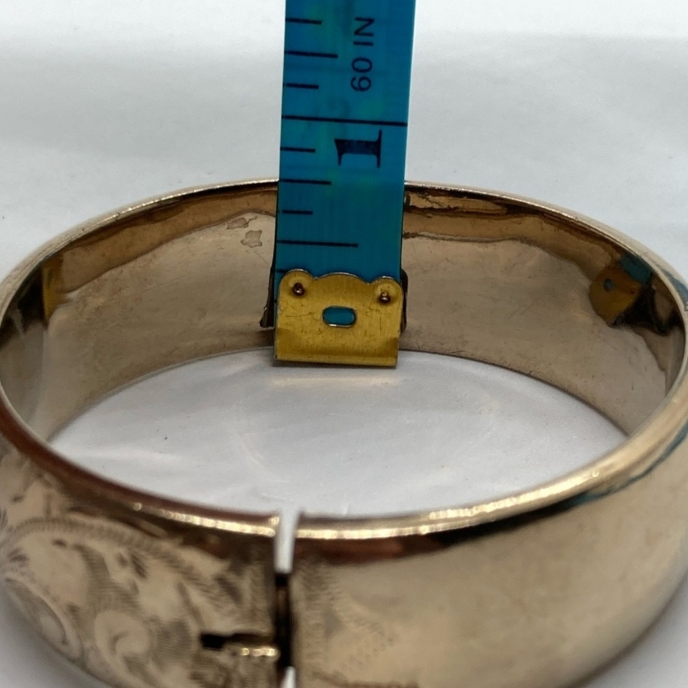 Vtg 9ct 9k Gold Floral Etched Bangle 9 Karat Gold w Metal Core 7” / 2.2”D - Picture 7 of 8